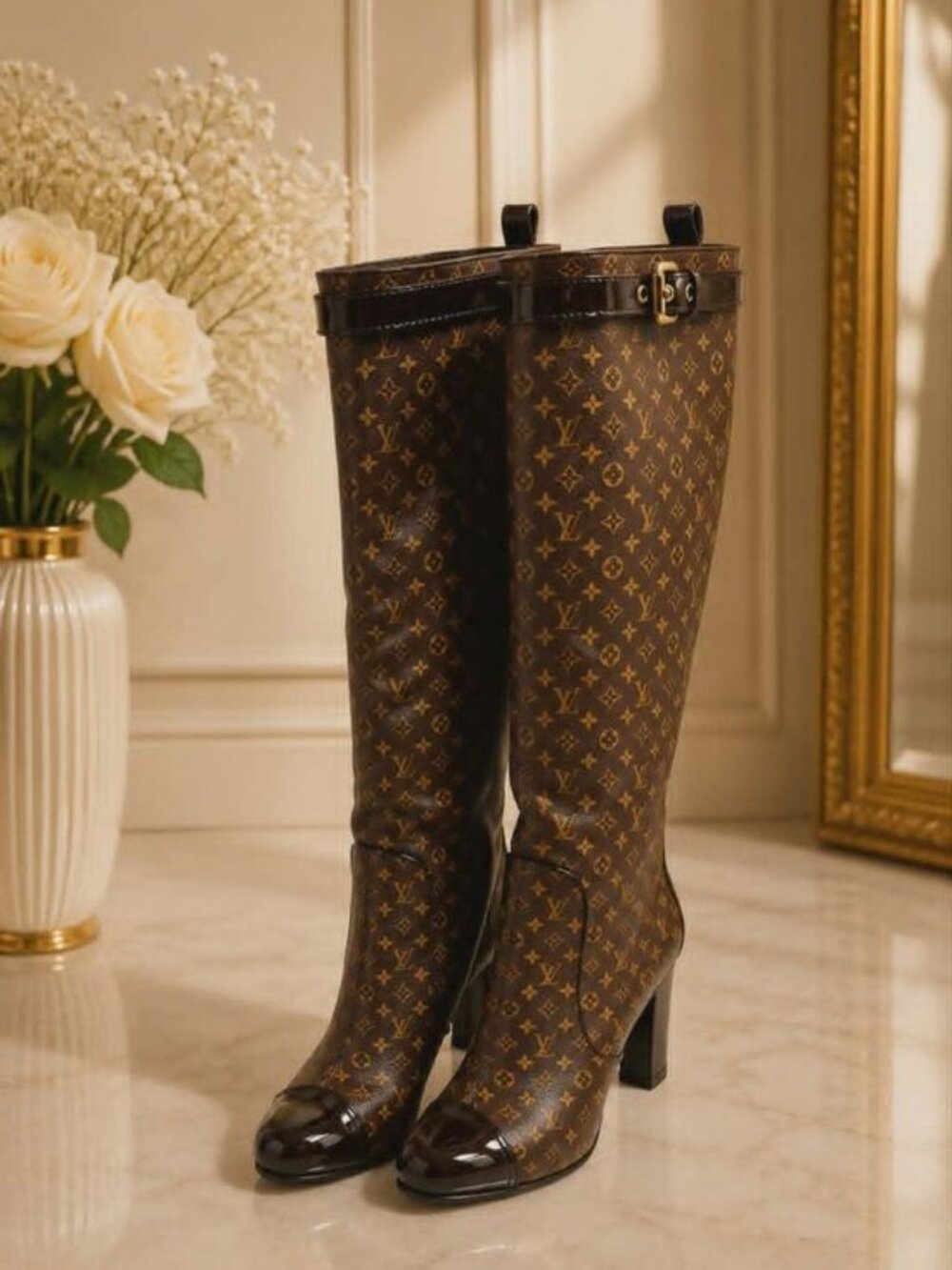 Authentic Louis Vuitton Monogram Silhouette Knee High Boots Brown Patent Leather